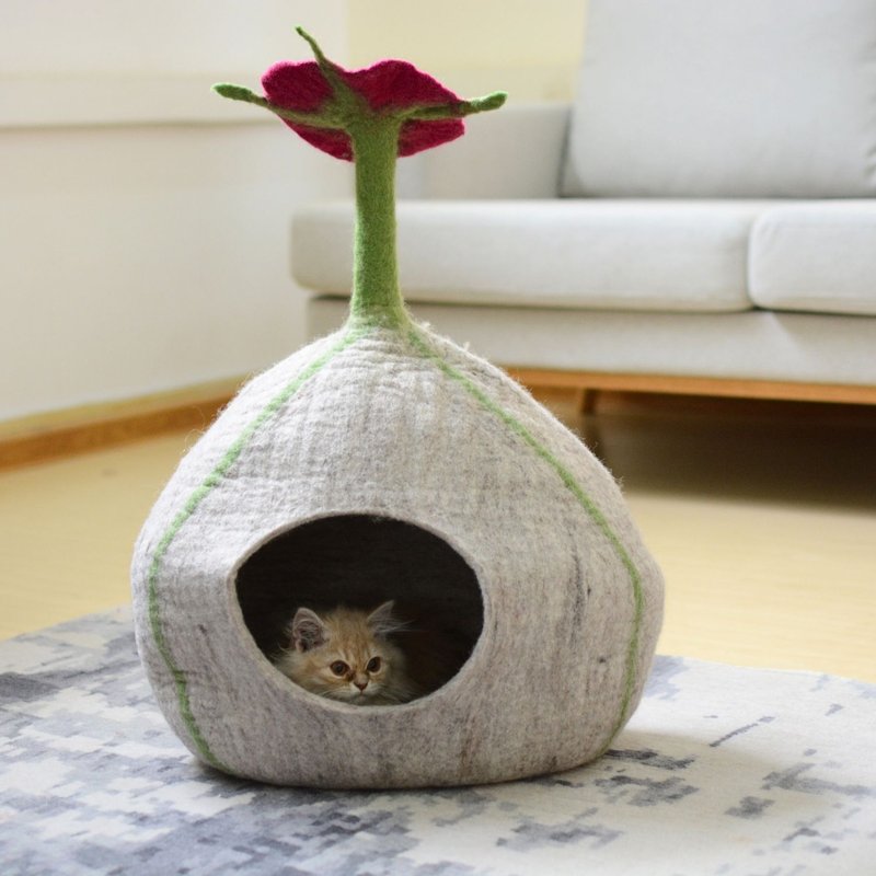 花卉顶羊毛猫屋  自然猫床  现代宠物家具  手工制作宠物床 - 抓板/跳台 - 羊毛 灰色