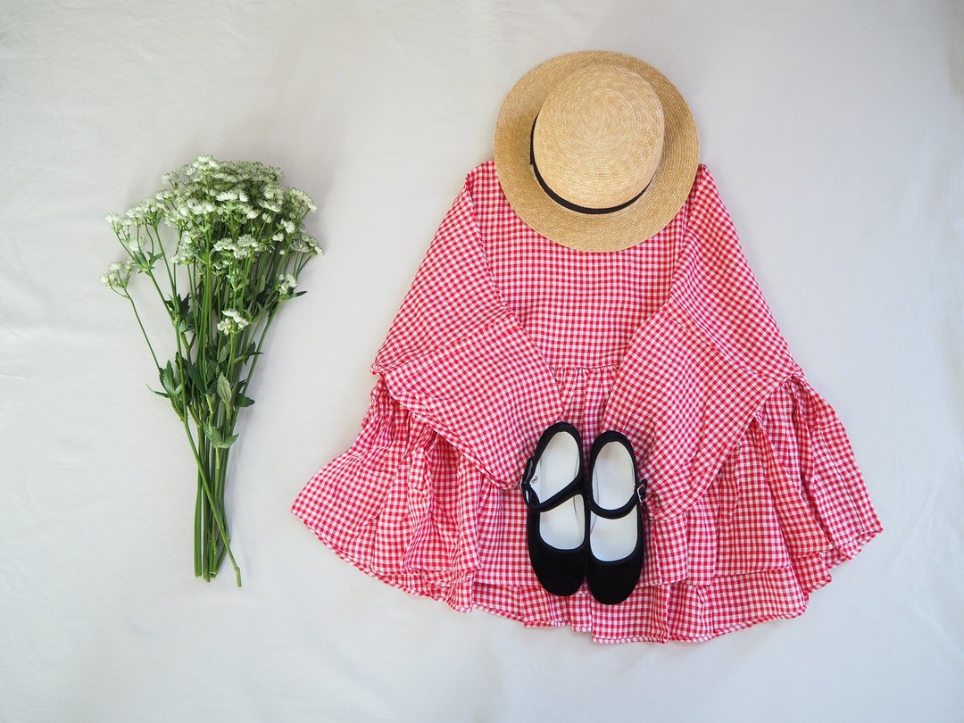 Linen gingham check gather blouse RED - 女装衬衫 - 棉．麻 黑色
