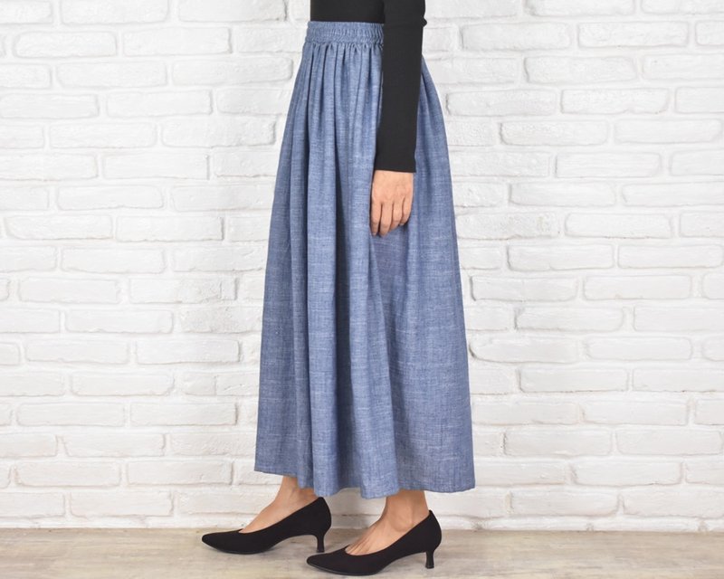 自然垂坠、线条优美，专为成熟女性设计的丹宁风格嫘萦亚麻伞摆裙 (蓝色) - 裙子 - 棉．麻 蓝色