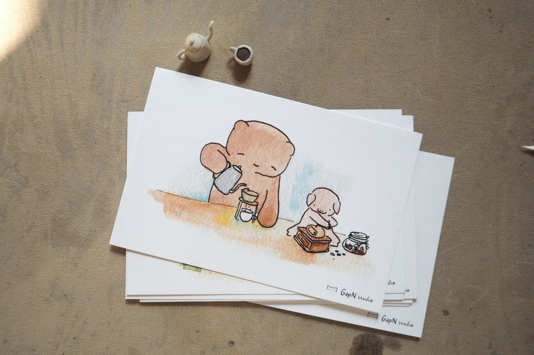Bears Pig year 2019 postcard Coffee time - 卡片/明信片 - 纸 蓝色