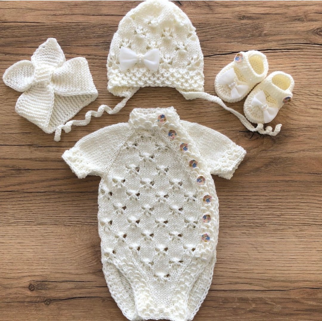 Hand knit ivory clothing set for baby girl. Romper, hat, headband, booties. - 包屁衣/连体衣 - 其他材质 