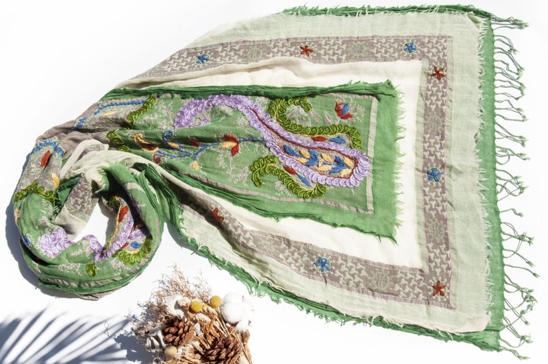 喀什米尔Cashmere/水煮羊毛披肩/针织围巾/刺绣围巾/羊绒披巾-花 - 围巾/披肩 - 羊毛 绿色