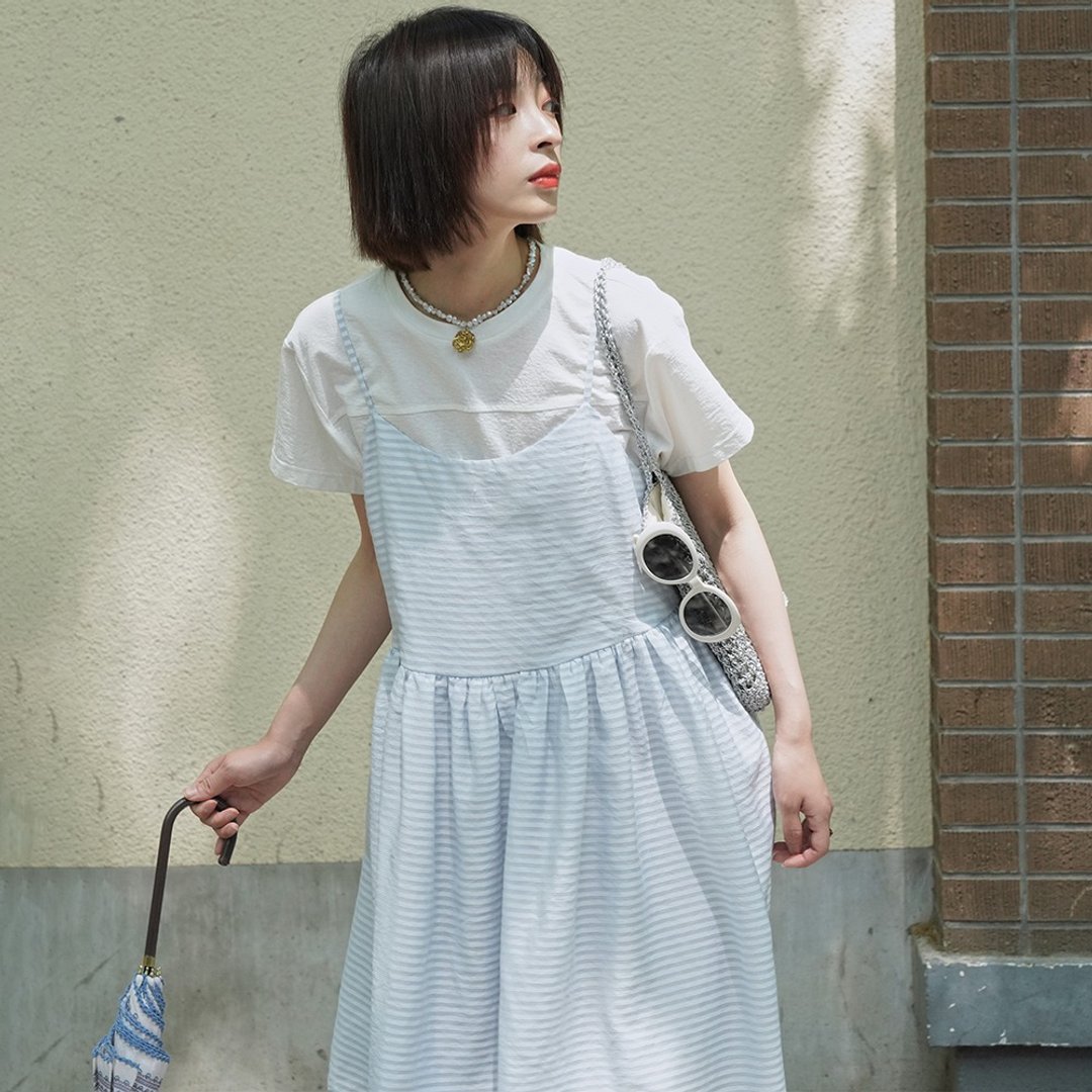 天蓝色条纹双层吊带连衣裙|连衣裙|吊带裙|外套|夏款|Sora-504 - 洋装/连衣裙 - 棉 蓝色