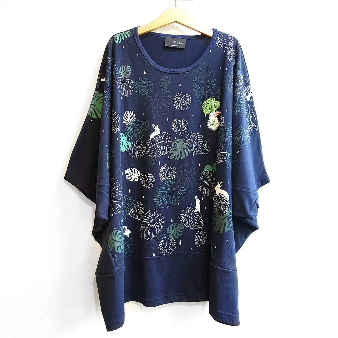 Urb.【兔与龟背芋】宽袖五分袖上衣 - 女装上衣 - 棉．麻 灰色