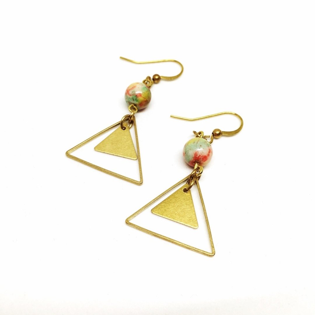 三角橘◆可改夹式 Brass Earrings / 一对 / 天然石 复古 黄铜耳环 / 礼物客制设计 - 耳环/耳夹 - 宝石 橘色