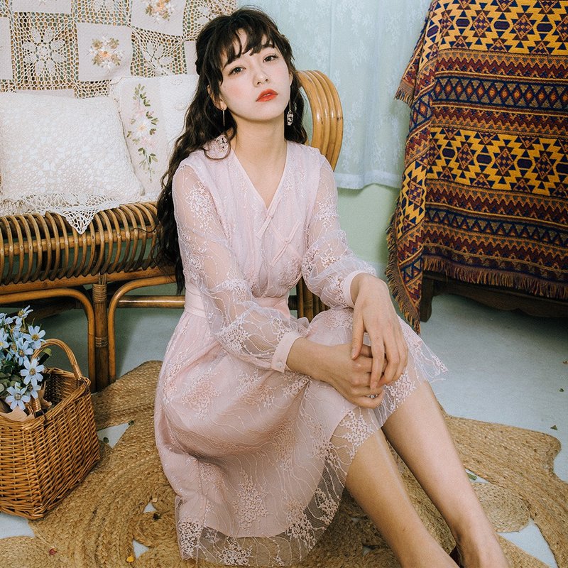 【出清品】女装秋季穿搭洋装国风旗袍蕾丝连身裙洋装 9280 - 洋装/连衣裙 - 其他材质 粉红色