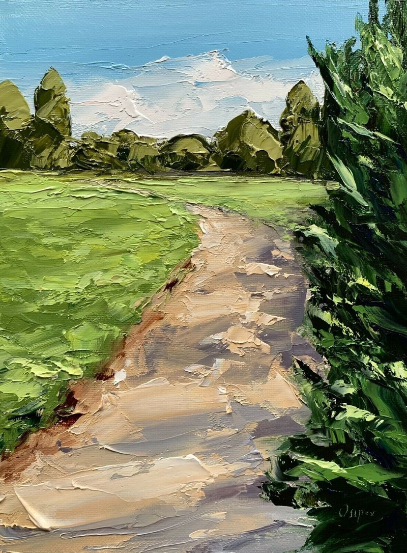 Original Green Landscape Oil Painting On Canvas Blue Sky Art Textured Impasto - 墙贴/壁贴 - 棉 多色