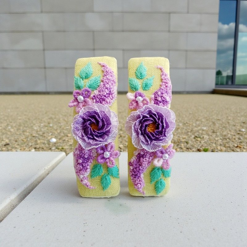 两入组，手工刺绣玫瑰发夹，生日礼物 - 发饰 - 亚麻 黄色