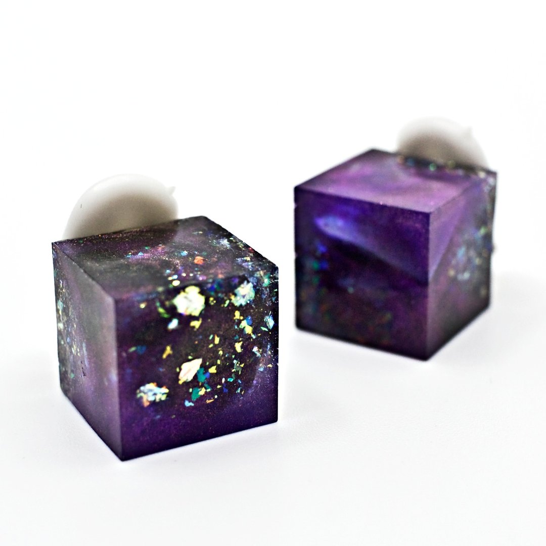 Cube Clip-On(square night sky) - 耳环/耳夹 - 树脂 多色