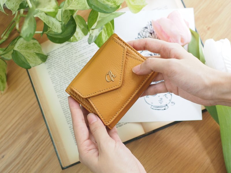 Maily (Mustard) : Tri-fold wallet, short wallet, cow leather, Yellow-Brown - 皮夹/钱包 - 真皮 黄色