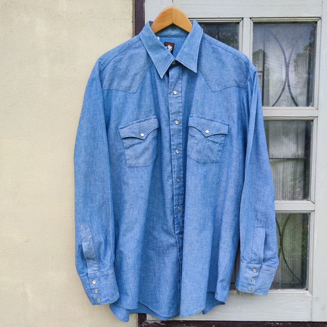复古 Karman Chambray 西式长袖珍珠扣衬衫 - 男装衬衫 - 棉．麻 蓝色