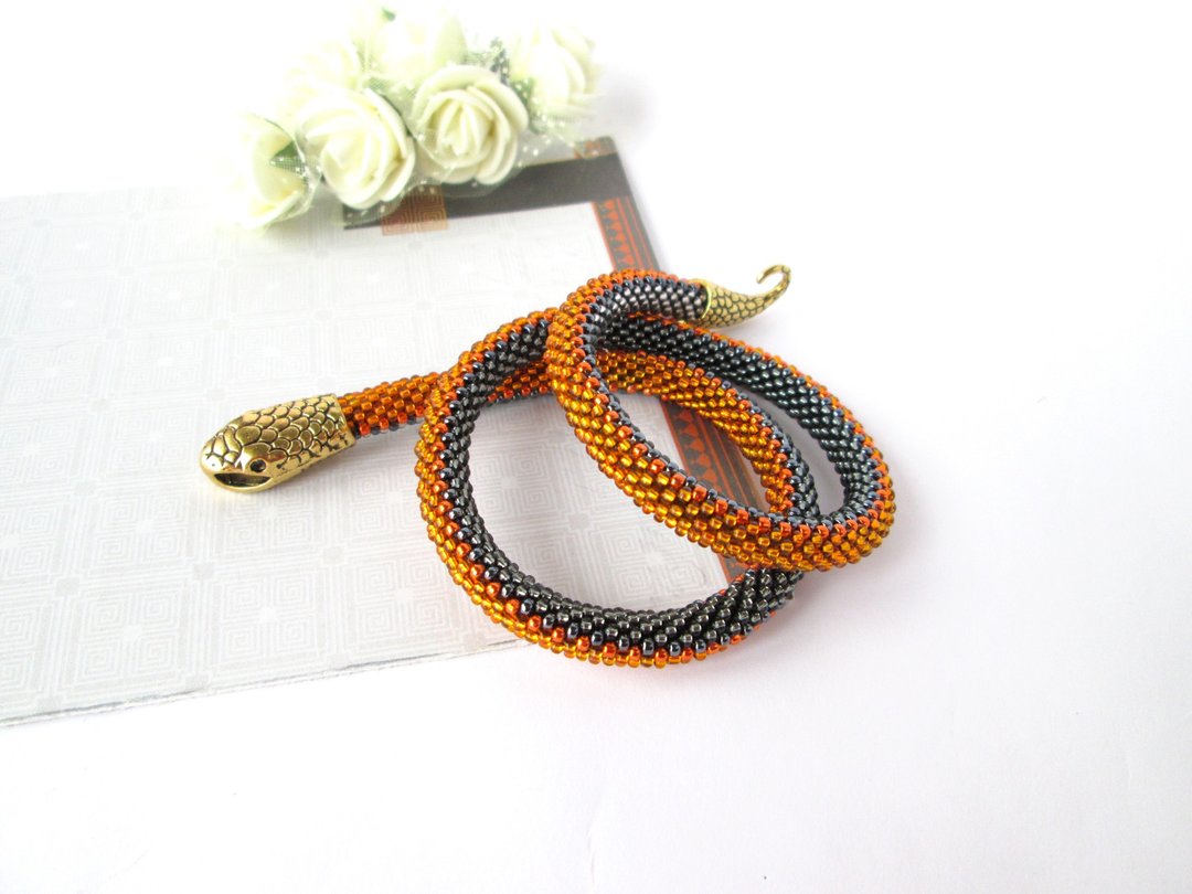 Snake beaded bracelet Orange Gray snake bracelet Ouroboros jewelry necklace - 手链/手环 - 其他材质 橘色