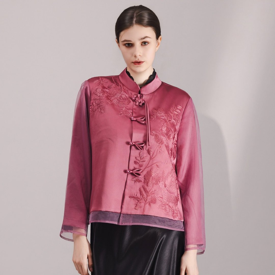 【MEDUSA】轻奢中式刺绣盘扣上衣 (M-XL) | 女长袖上衣 女外罩外搭 - 女装上衣 - 聚酯纤维 粉红色