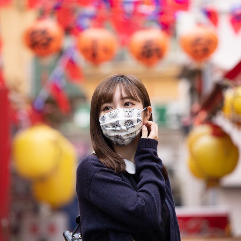 可洗涤、舒适且可爱的手工立体口罩 Cats illustration White 猫 - 口罩 - 棉．麻 白色