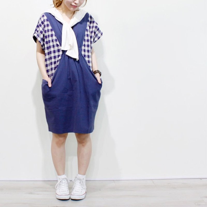 ☆ Palette ☆ 彡 linen blending check dress - 洋装/连衣裙 - 棉．麻 蓝色