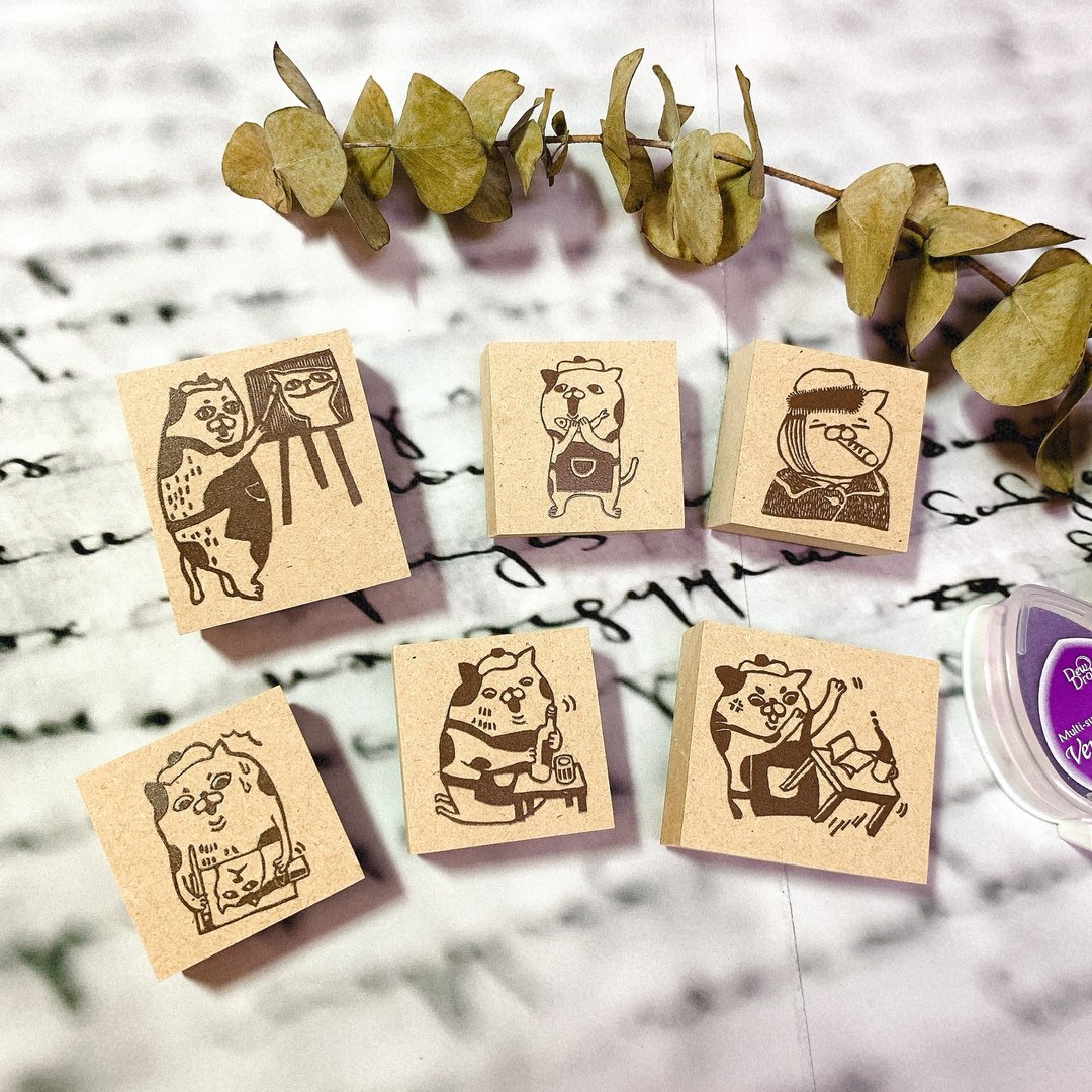 猫画家生活印章(6款) 台湾文创 印章 疗愈系 橡皮章 手帐 猫 - 印章/印台 - 木头 卡其色