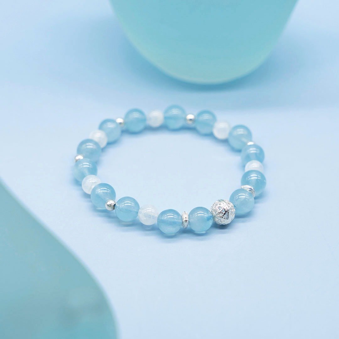 日出海平线 | 海蓝宝月光石925银水晶手链 - 手链/手环 - 水晶 蓝色