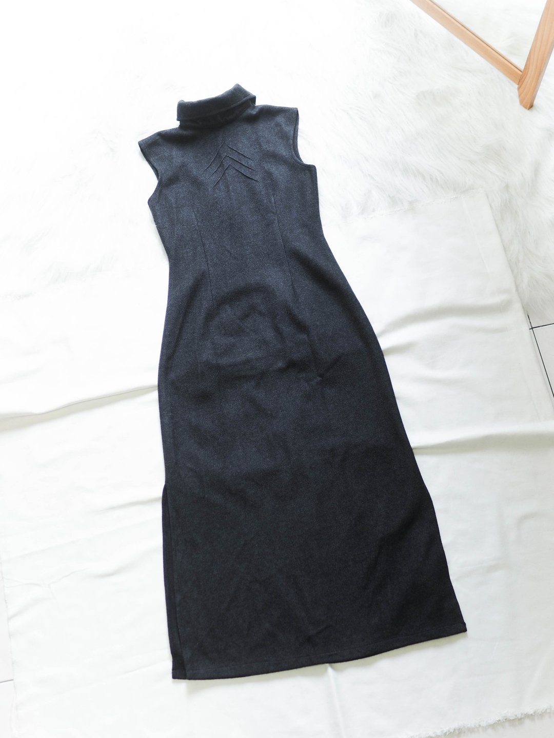 独立灰东方优雅性格青涩少女 古董软绒立领连身洋装长裙 dress - 洋装/连衣裙 - 棉．麻 灰色