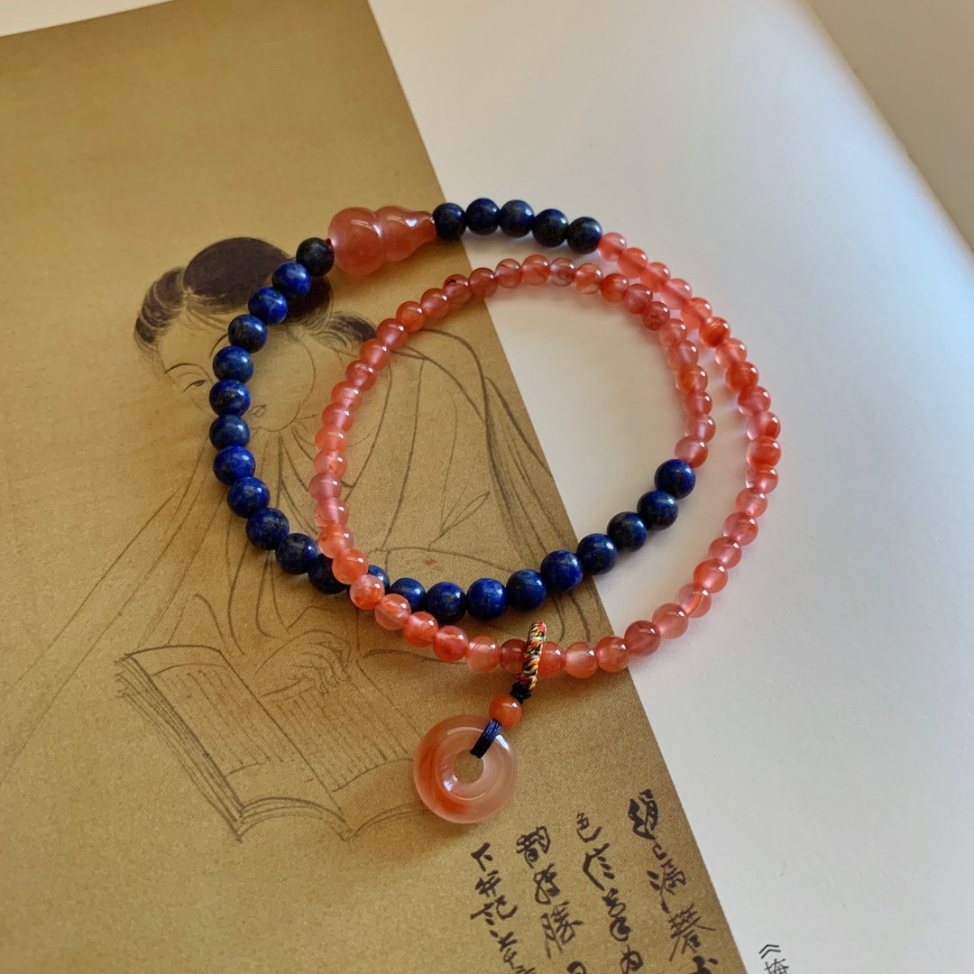 手作 赋诗一篇。天然青金石 南红玛瑙葫芦 编织南红跑圈吊坠手链 - 手链/手环 - 半宝石 多色