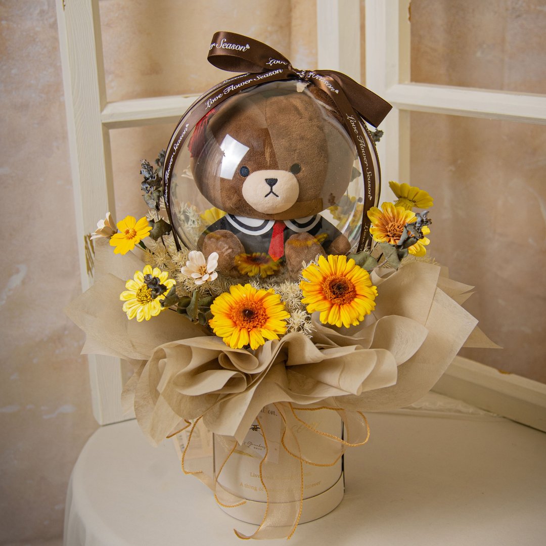 【毕业熊】玩偶波波球抱抱桶 永生花干燥花 太阳花毕业花束 - 干燥花/捧花 - 植物．花 黄色