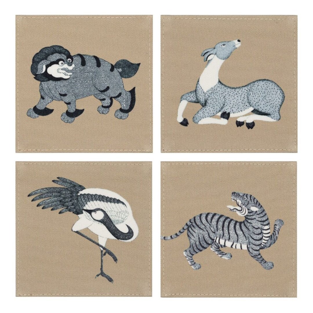 泰国 杯垫 (4入) Mythical Animals Cotton Coasters - Beige - 餐垫/桌巾 - 棉 卡其色