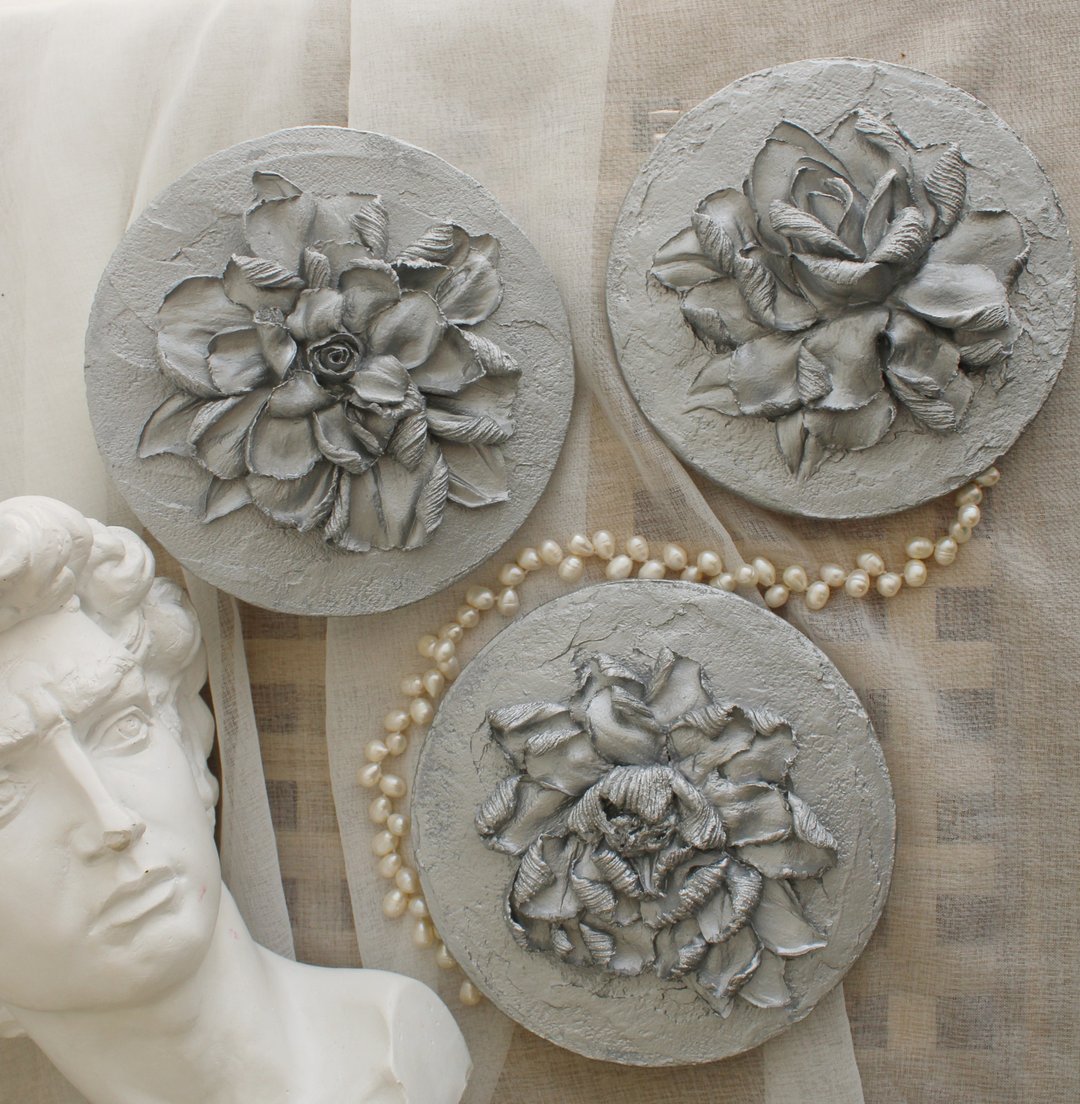 Set of 3 gypsum panels, floral texture wall decor, sculpture painting - 墙贴/壁贴 - 其他材质 