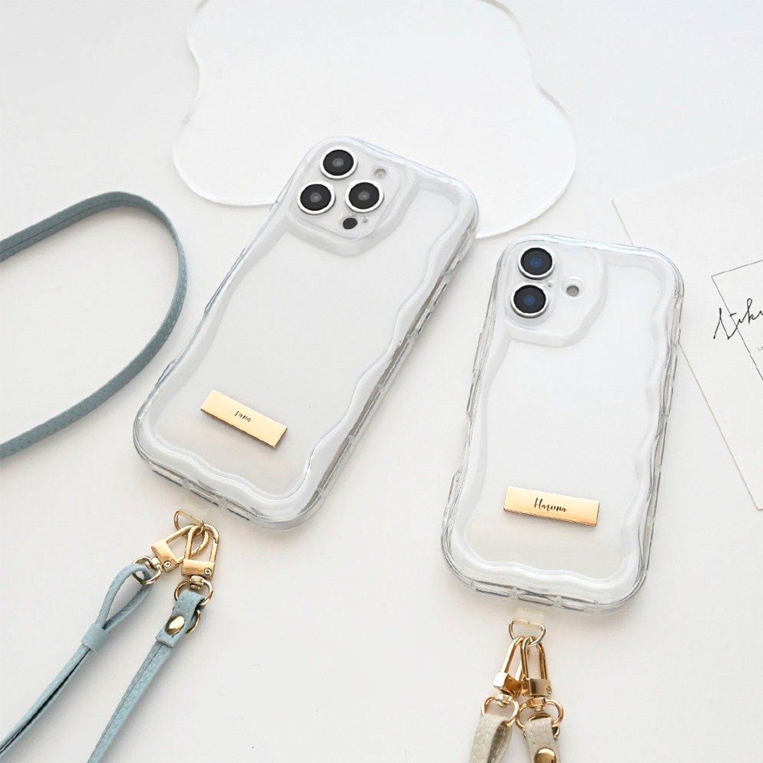【透明波浪手机壳 姓名铭牌 定制化】手机斜背 手机壳 透明壳 iPhone 附挂绳孔 OS50U - 手机壳/手机套 - 真皮 透明