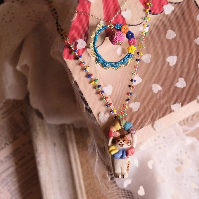 鈎针编织编织 梦想马戏团系列 小丑猫咪颈链 - 项链 - 棉．麻 