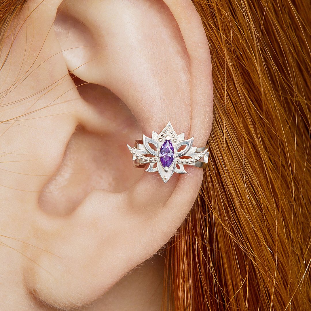 Lotus flower ear cuff silver, Lotus earring - 耳环/耳夹 - 纯银 银色