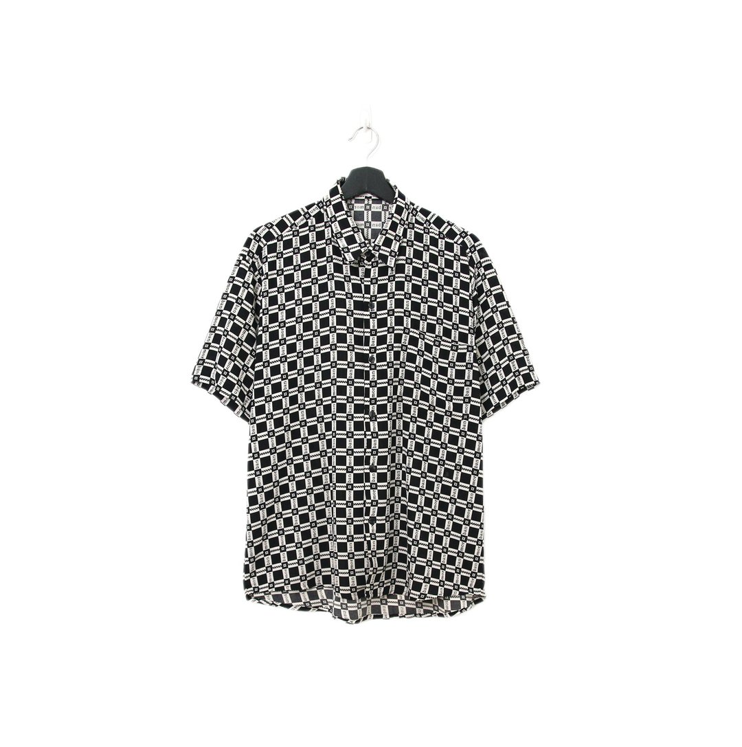 Back to Green-丝滑花衬衫 黑白格纹英文字 sw-01/vintage shirts - 男装衬衫 - 聚酯纤维 