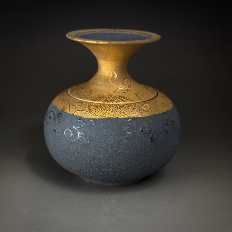 许旭伦 陶瓷岩矿 金瓶黑釉茶叶罐 手绘金黑釉聚宝盆 半斤 - 茶具/茶杯 - 陶 