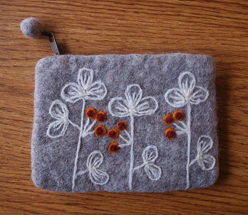 羊毛毡  手工 零钱包 万用袋 花 灰 蓝 - 零钱包 - 羊毛 灰色