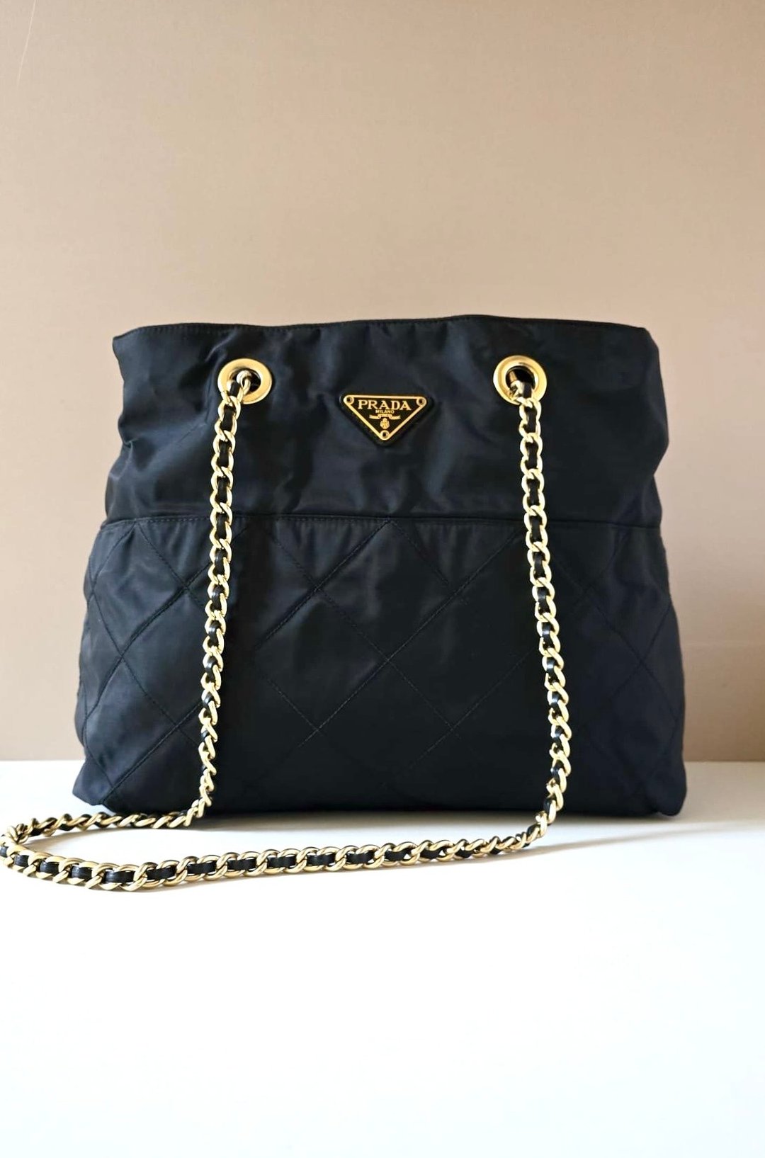 稀有古董包 Prada 黑金色链子托特包 侧背包 斜背包 单肩包 中古包 - 侧背包/斜挎包 - 尼龙 黑色