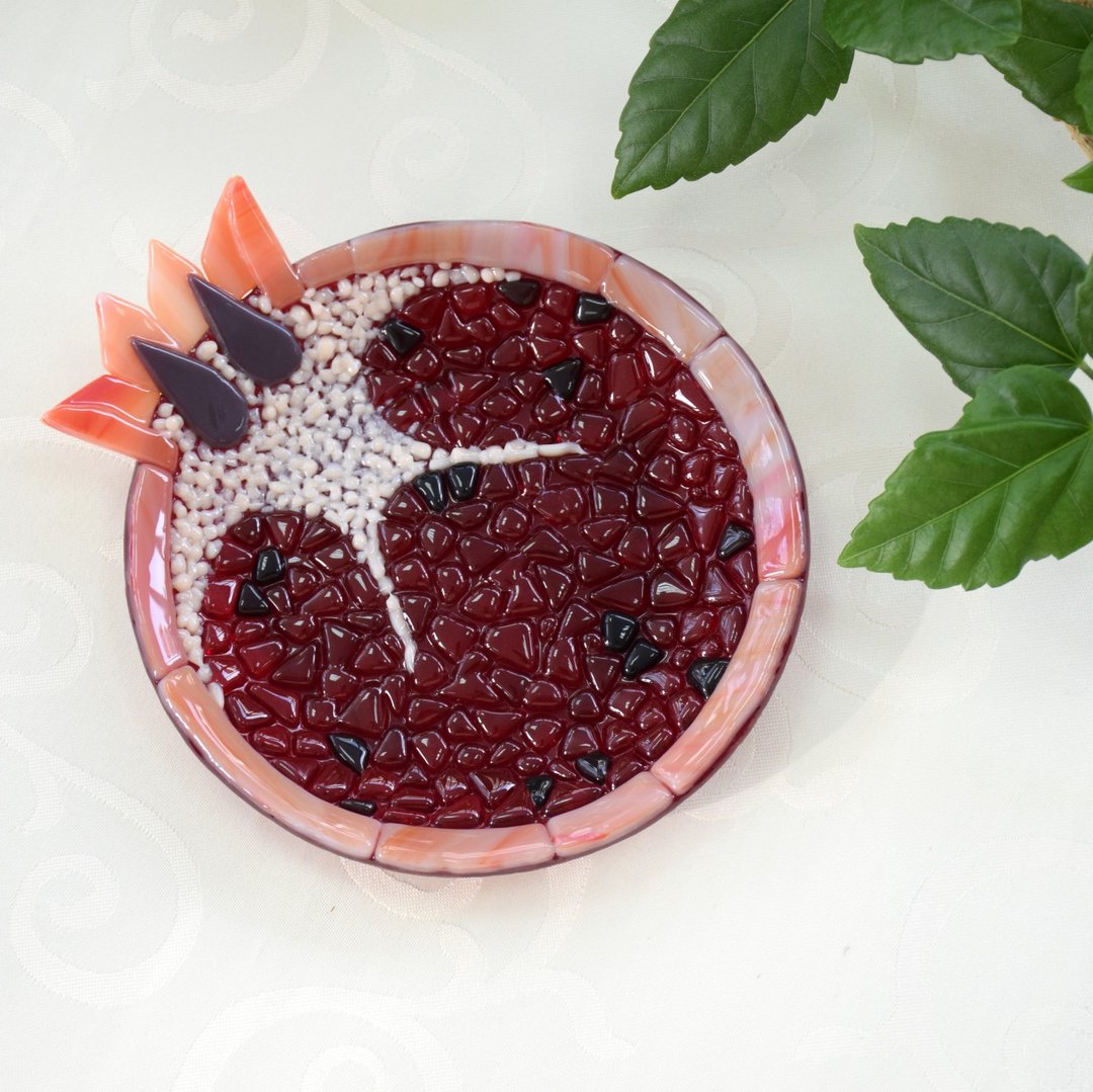 Red fused glass serving dish Pomegranate for fruit, cake or cheese (medium) - 盘子/餐盘/盘架 - 玻璃 红色