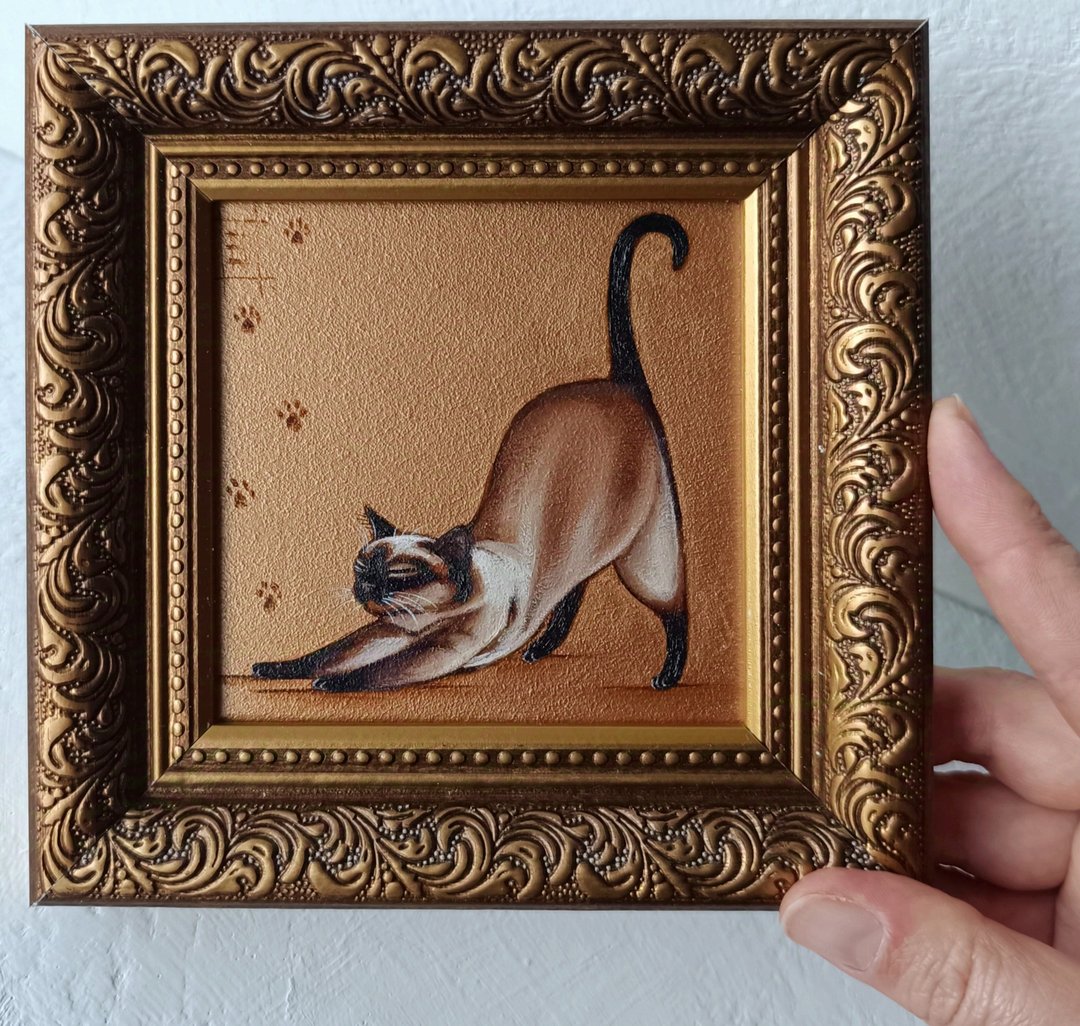暹罗猫瑜伽心情油画原画猫咪艺术10*10厘米 - 墙贴/壁贴 - 其他金属 金色