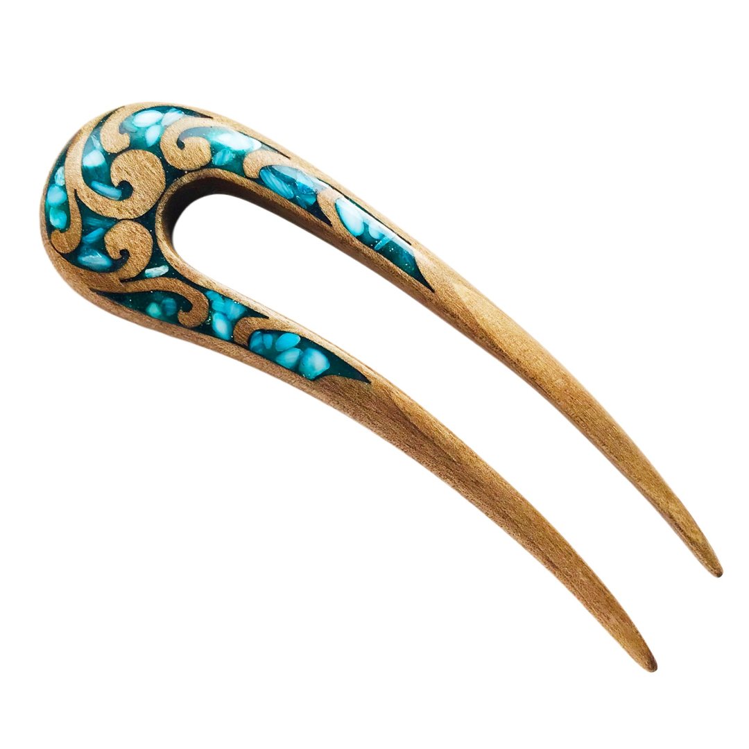 Hair clip, hair pin, carved wooden hair fork with blue stones, gift for her - 发饰 - 木头 蓝色
