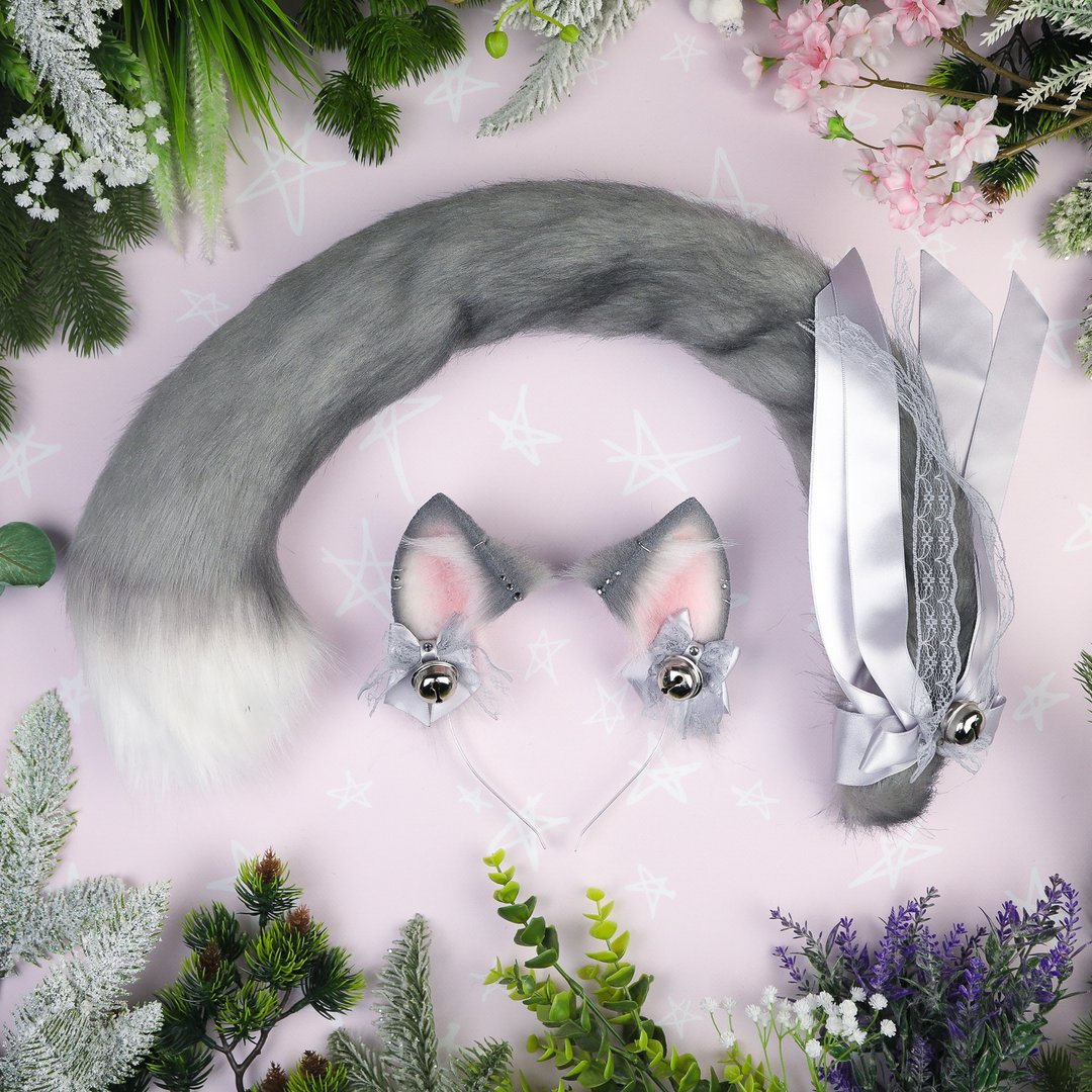 Grey Cat Ears and Tail Set - 发饰 - 其他材质 灰色