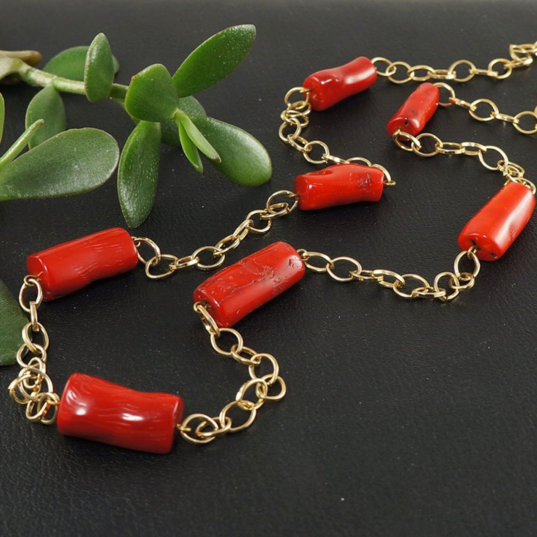 Red Coral Necklace Long Chain Beaded Natural Coral Statement Necklace Jewelry - 项链 - 半宝石 红色