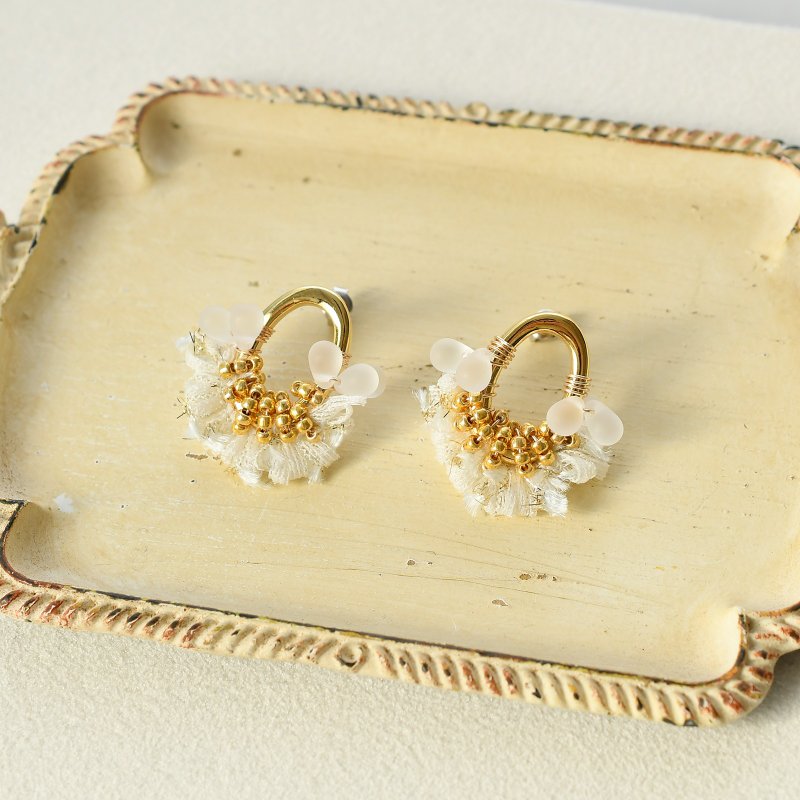 耳夹/椭圆形流苏无环耳环/小白 - 耳环/耳夹 - 棉．麻 白色