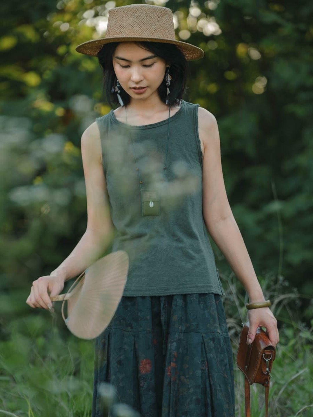 軍綠色 毛邊拼接亞麻棉背心 - 女装背心 - 棉 绿色