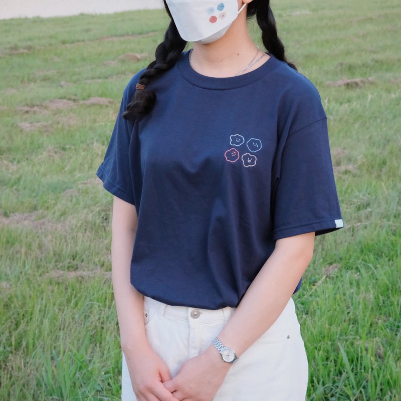 喜怒哀乐 刺绣 衣服 T-shirt 深蓝色 奶茶色 - 女装上衣 - 棉 卡其色