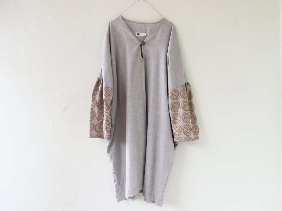 Woodblock Print / Organic Cotton Pullover One Piece Dress - 洋装/连衣裙 - 棉．麻 灰色