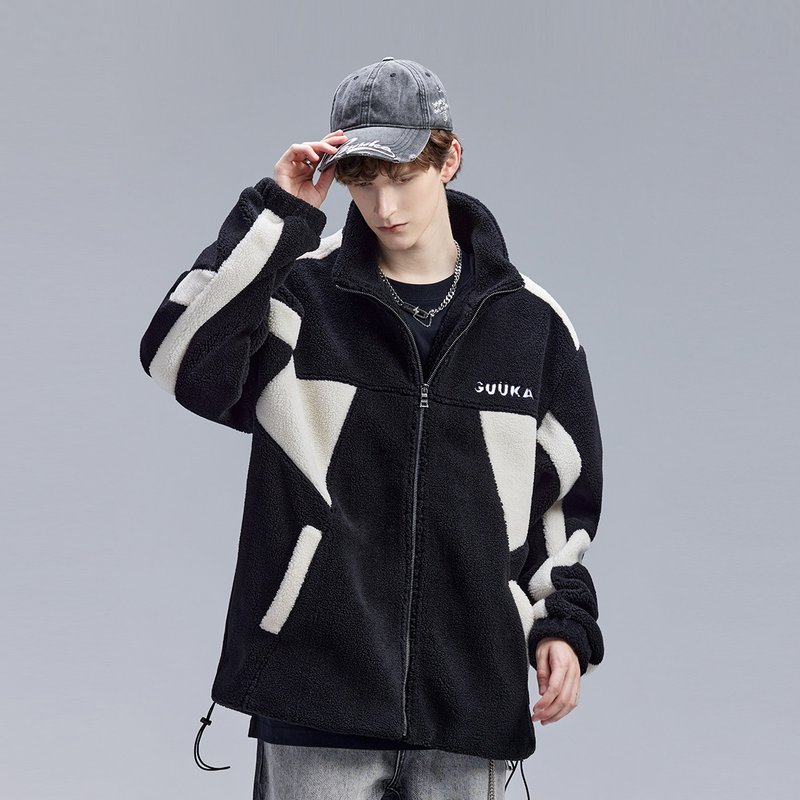 黑白拼接羊羔绒夹克男冬季加厚美式高领外套 - 男装外套 - 聚酯纤维 黑色