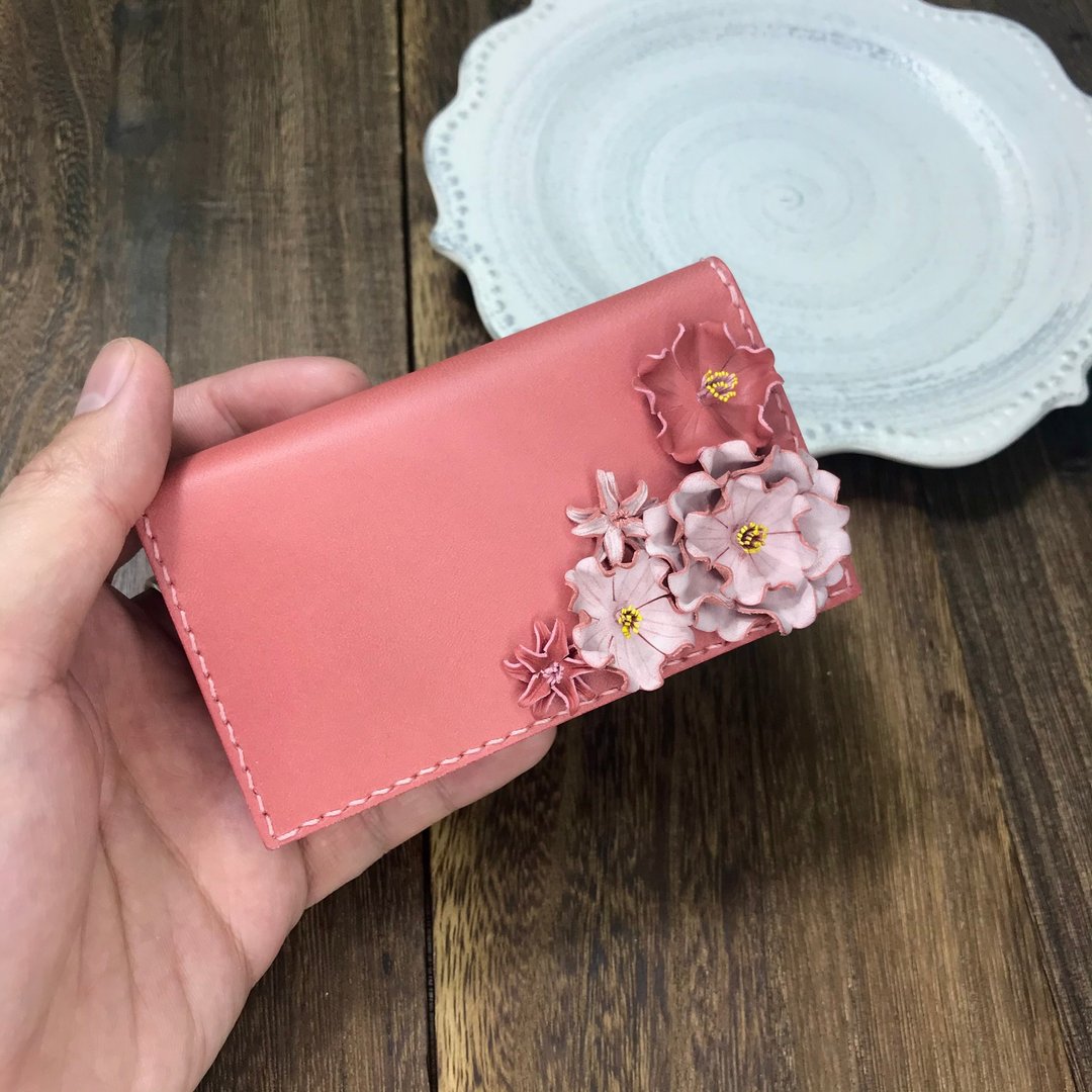 优雅版皮革樱花咭片盒 - 化妆包/杂物包 - 真皮 粉红色