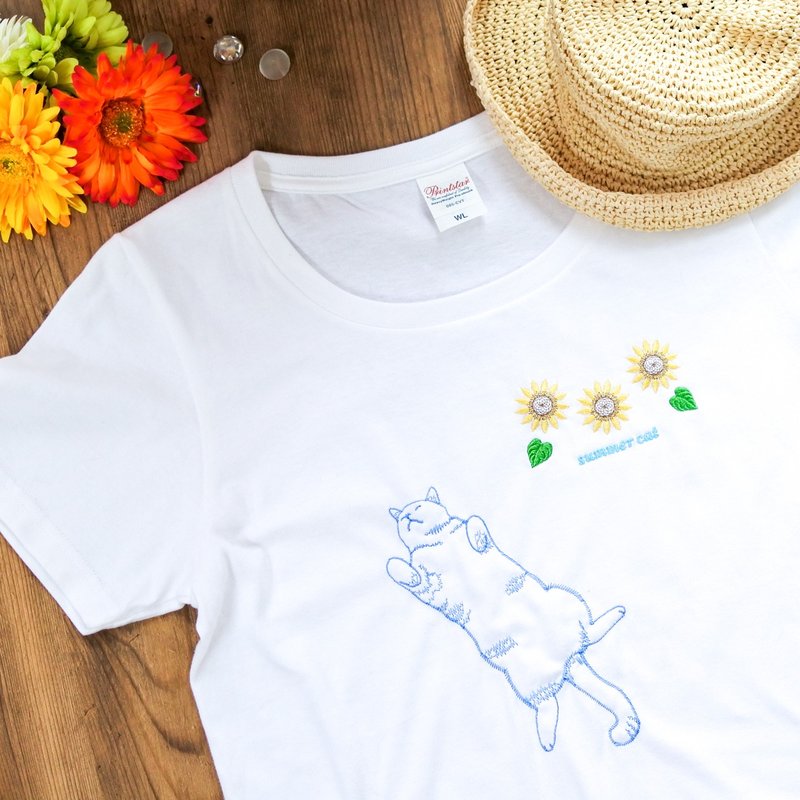 猫とひまわりの刺繍Tシャツ　白/半袖 - 女装 T 恤 - 棉．麻 白色