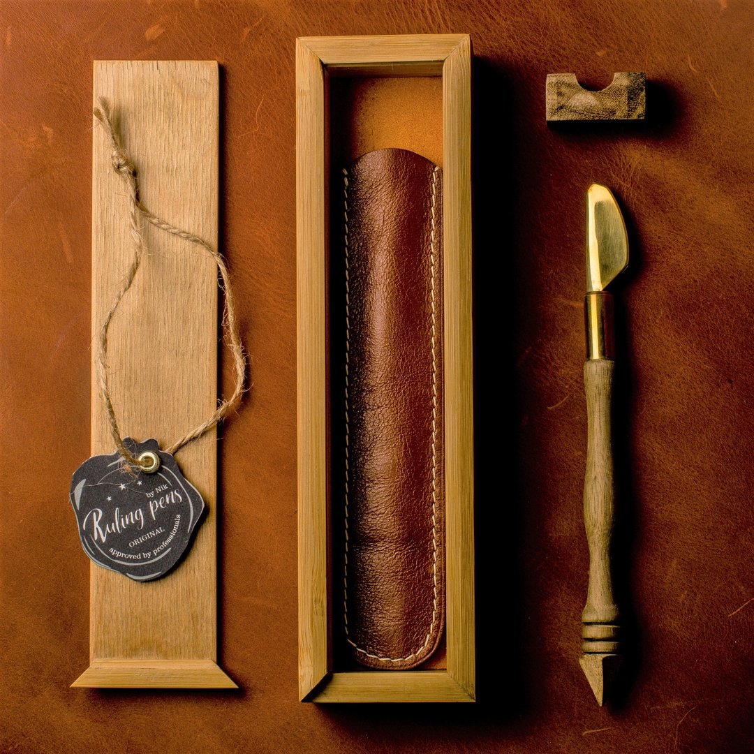 Premium set! Folded pen for expressive  calligraphy+leather case+wooden box - 蘸水笔 - 其他金属 金色