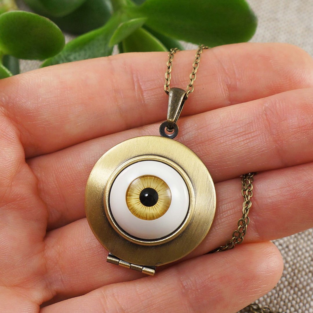 Gold Human Eye Evil Eye Bronze Photo Locket Protection Pendant Necklace Jewelry - 项链 - 其他材质 金色