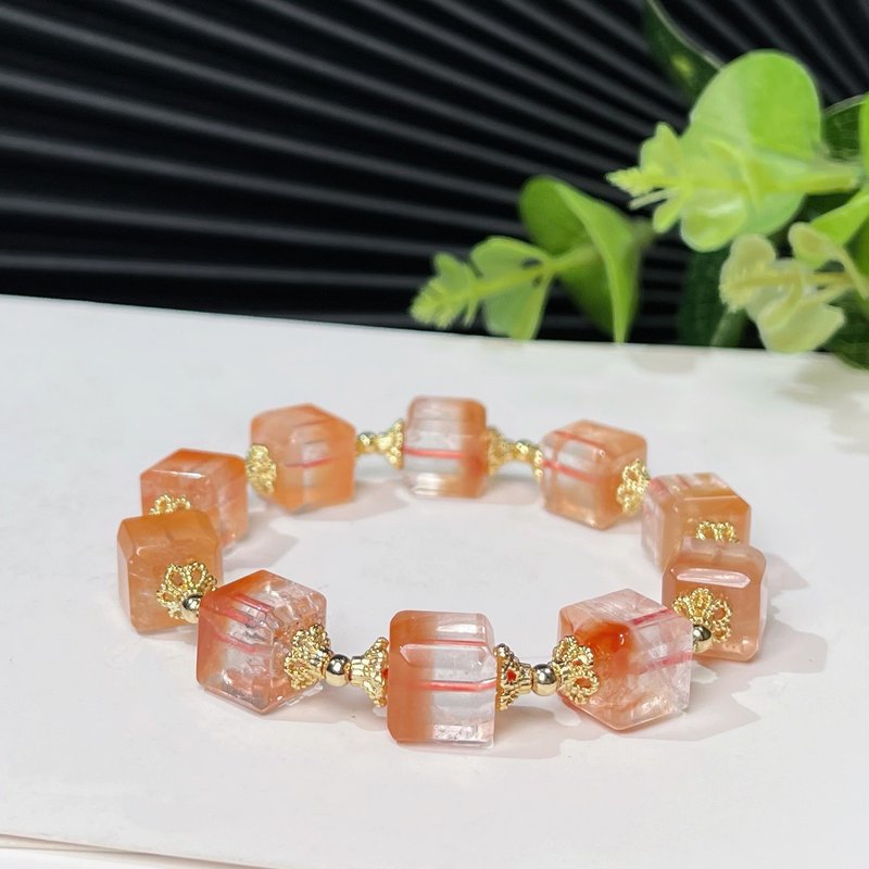冰透半盆聚宝盆红兔毛方糖手錬 天然橘红红水晶手串单圈 柔美干净 - 手链/手环 - 水晶 
