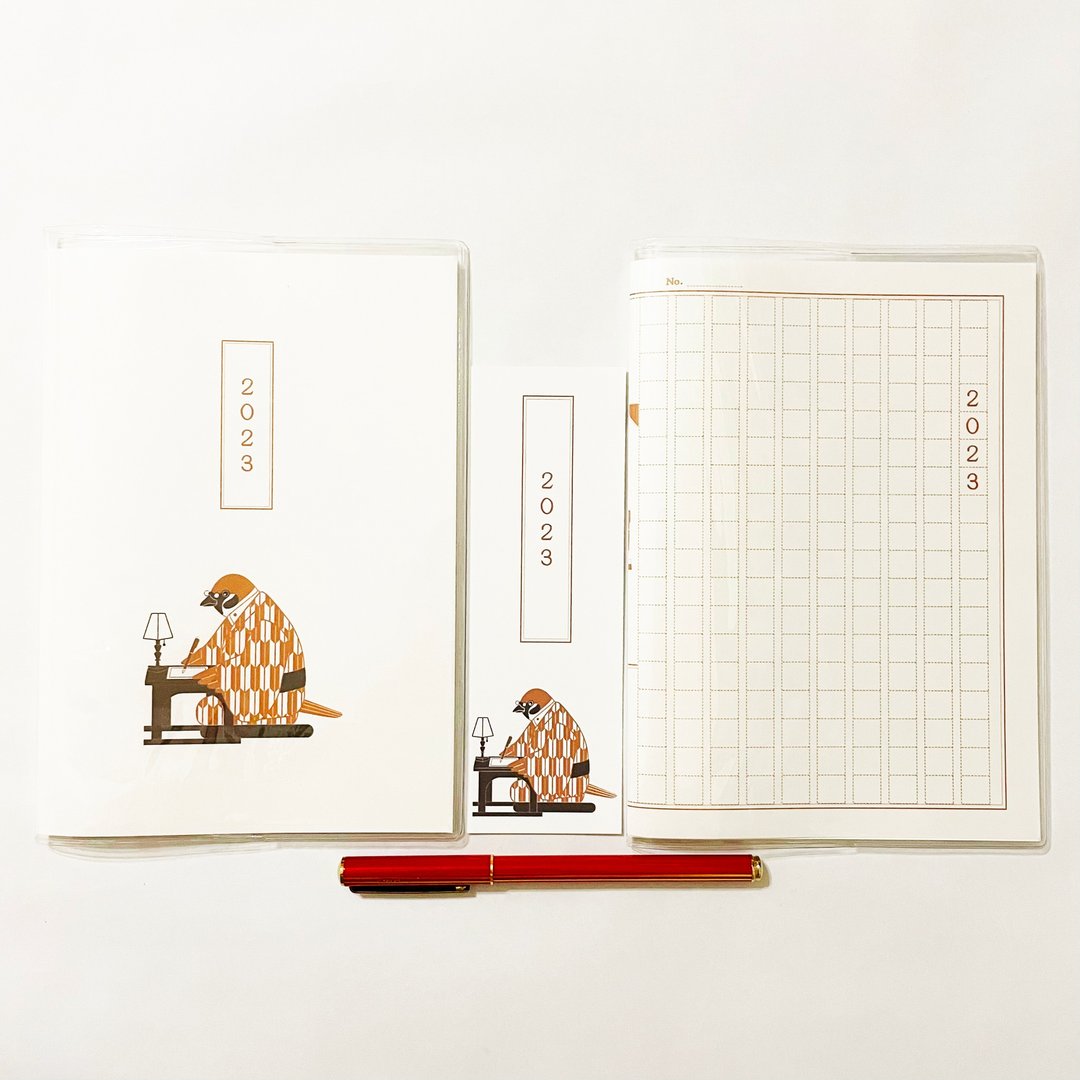 3月开始 2023年 文豪雀稿纸 桌历手帐，含2款插画封面与书签，B6尺寸，全64页，麻雀，钢笔，4月开始 - 笔记本/手帐 - 纸 咖啡色