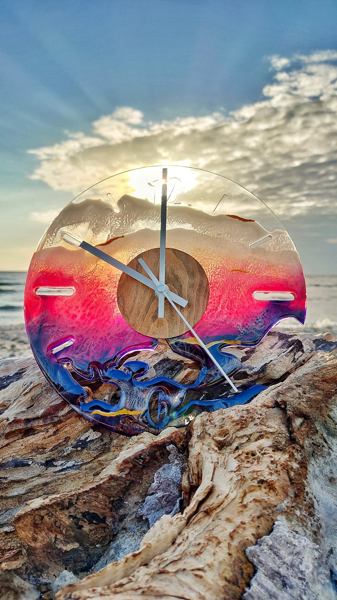 绿岛手作/夕阳海浪海洋树脂/挂钟/时钟/鲸鲨魟鱼海龟/压克力定制 - 时钟/闹钟 - 树脂 橘色